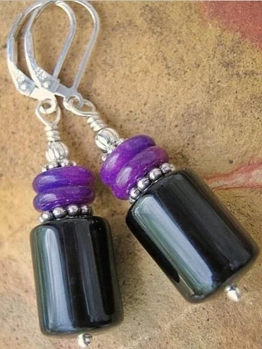 Black Onyx And Sugilite Earrings 925 Sterling Silver Leverbacks